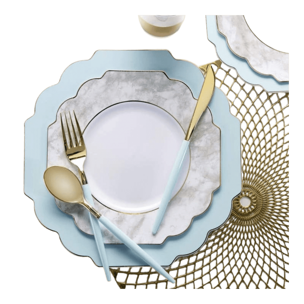 Blue and marble plate set with gold cutlery elegant tableware for celebrations from Parte Haus party supply store in Bethesda Maryland