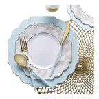 Blue and marble plate set with gold cutlery elegant tableware for celebrations from Parte Haus party supply store in Bethesda Maryland