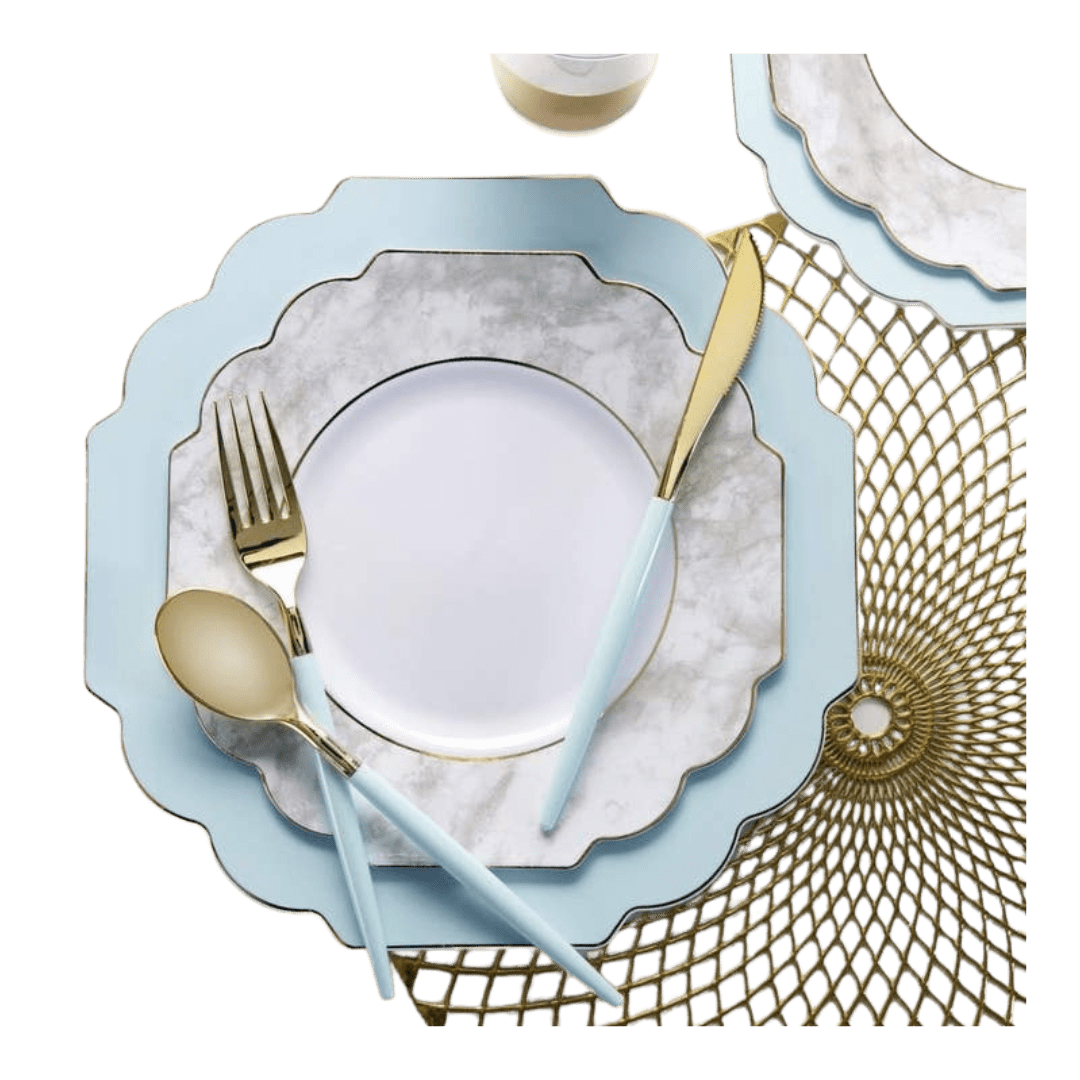 Blue and marble plate set with gold cutlery elegant tableware for celebrations from Parte Haus party supply store in Bethesda Maryland