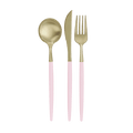 Pink and gold cutlery set with spoon knife and fork elegant tabletop decor from Parte Haus party supply store in Bethesda MD