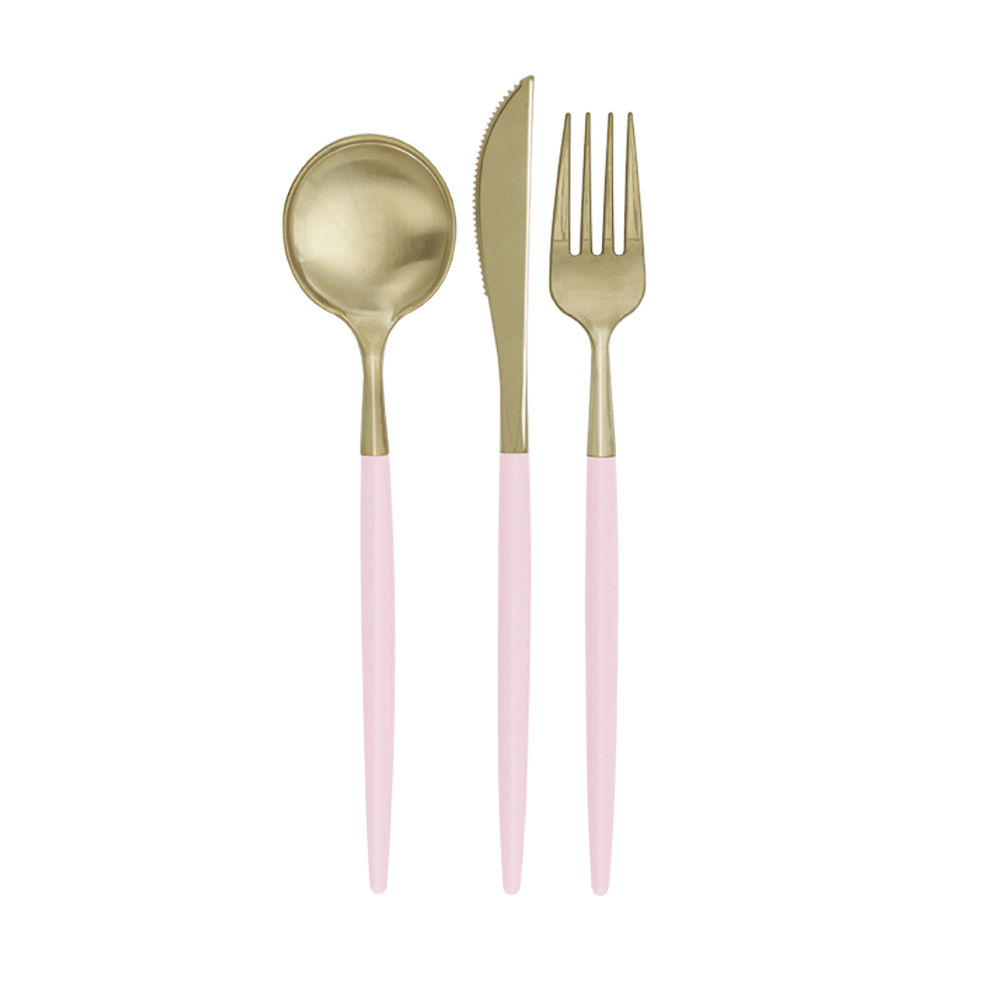 Pink and gold cutlery set with spoon knife and fork elegant tabletop decor from Parte Haus party supply store in Bethesda MD