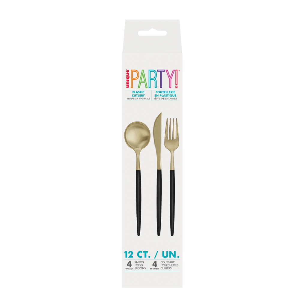 Black and gold plastic cutlery set with spoon fork knife for celebration from Parte Haus party supply store in Bethesda Maryland