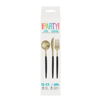 Black and gold plastic cutlery set with spoon fork knife for celebration from Parte Haus party supply store in Bethesda Maryland