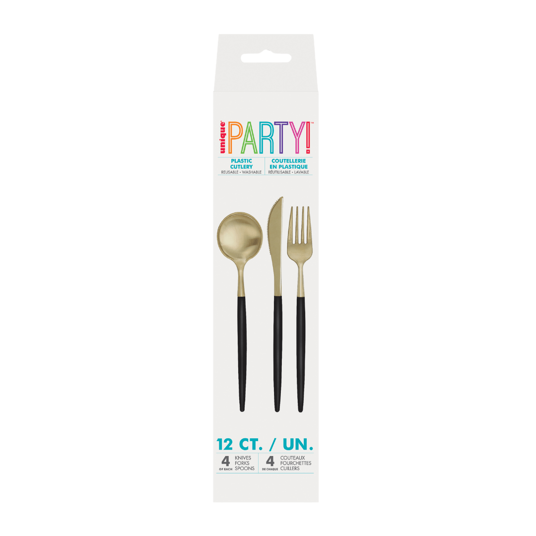 Black and gold plastic cutlery set with spoon fork knife for celebration from Parte Haus party supply store in Bethesda Maryland