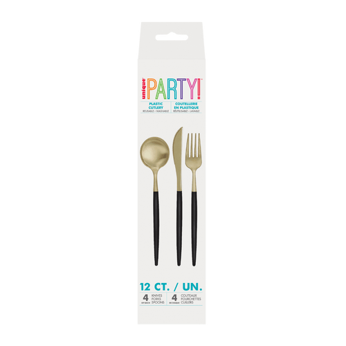 Black and gold plastic cutlery set with spoon fork knife for celebration from Parte Haus party supply store in Bethesda Maryland