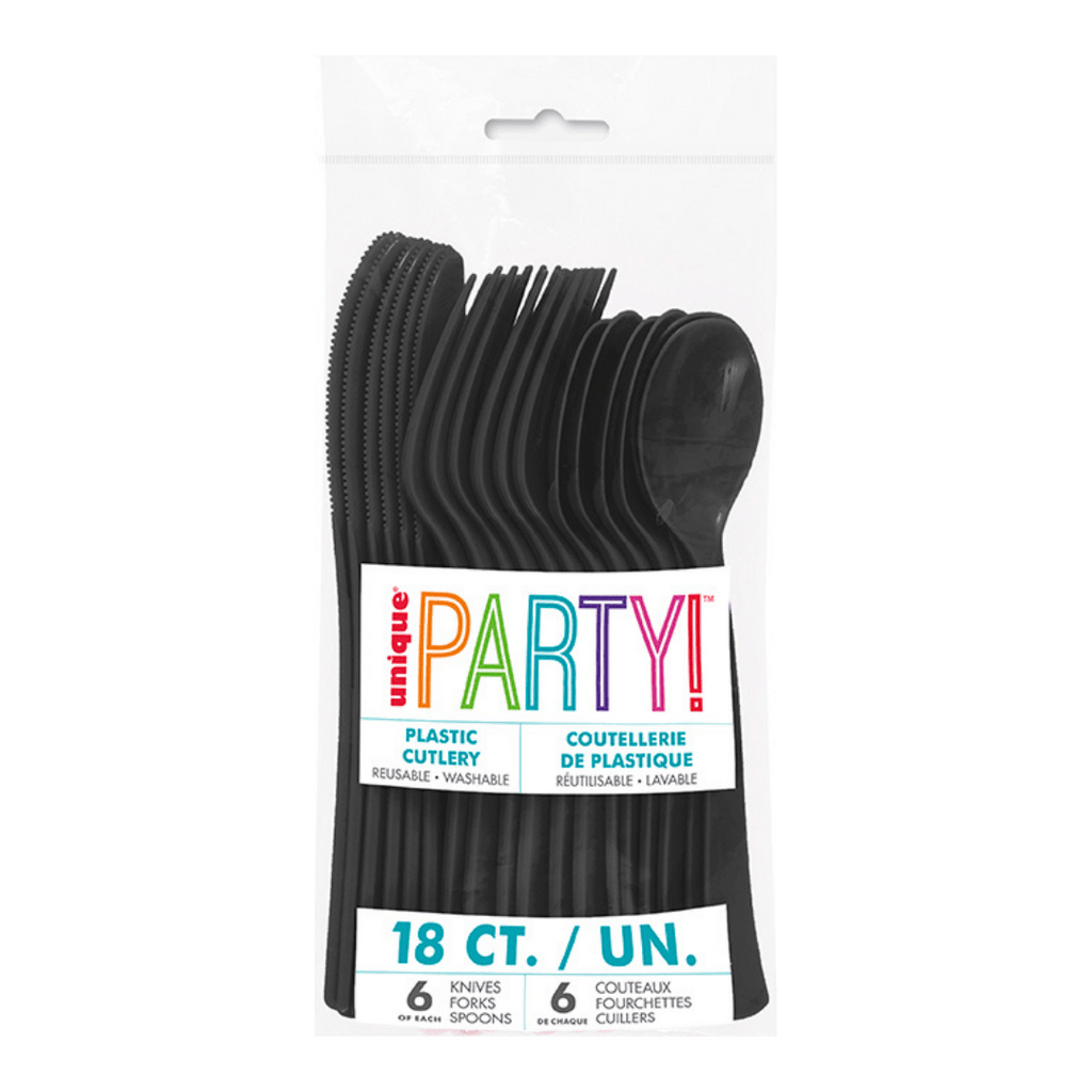 Black plastic cutlery set in clear packaging for celebrations from Parte Haus party supply store in Bethesda Maryland