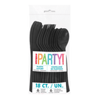 Black plastic cutlery set in clear packaging for celebrations from Parte Haus party supply store in Bethesda Maryland