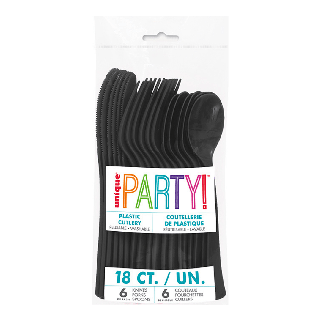 Black plastic cutlery set in clear packaging for celebrations from Parte Haus party supply store in Bethesda Maryland