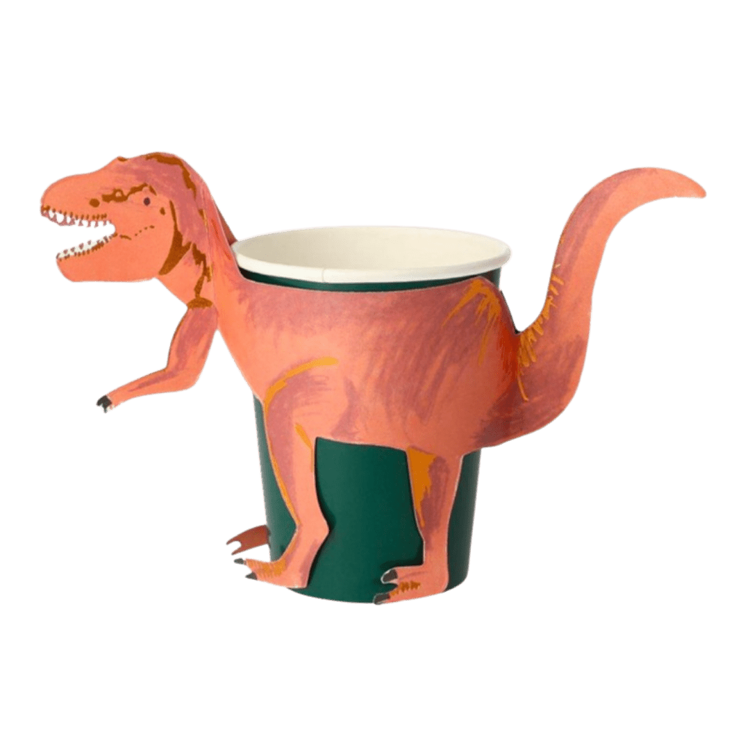 green dinosaur paper cup dinosaur birthday from Parte Haus party supply store in Bethesda Maryland