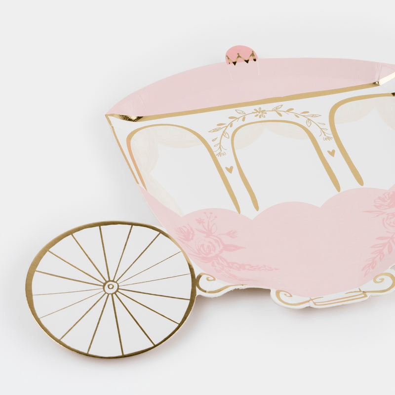 Pink carriage paper plate with gold trim princess birthday theme from Parte Haus party supply store in Bethesda MD