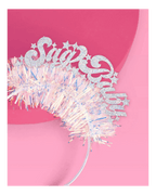 Silver glitter Save Baby headband with iridescent tinsel Baby Shower from Parte Haus party supply store in Bethesda MD