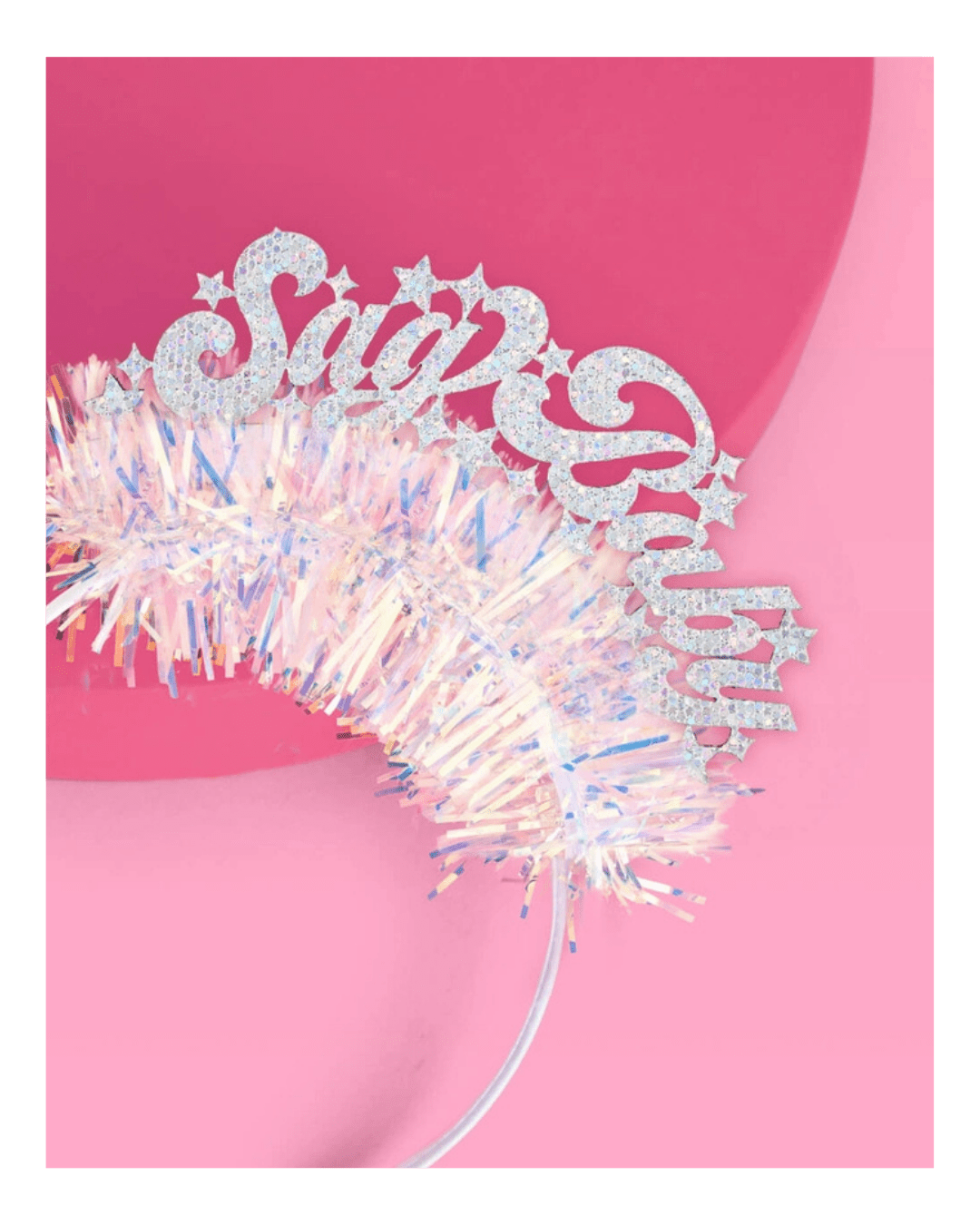 Silver glitter Save Baby headband with iridescent tinsel Baby Shower from Parte Haus party supply store in Bethesda MD