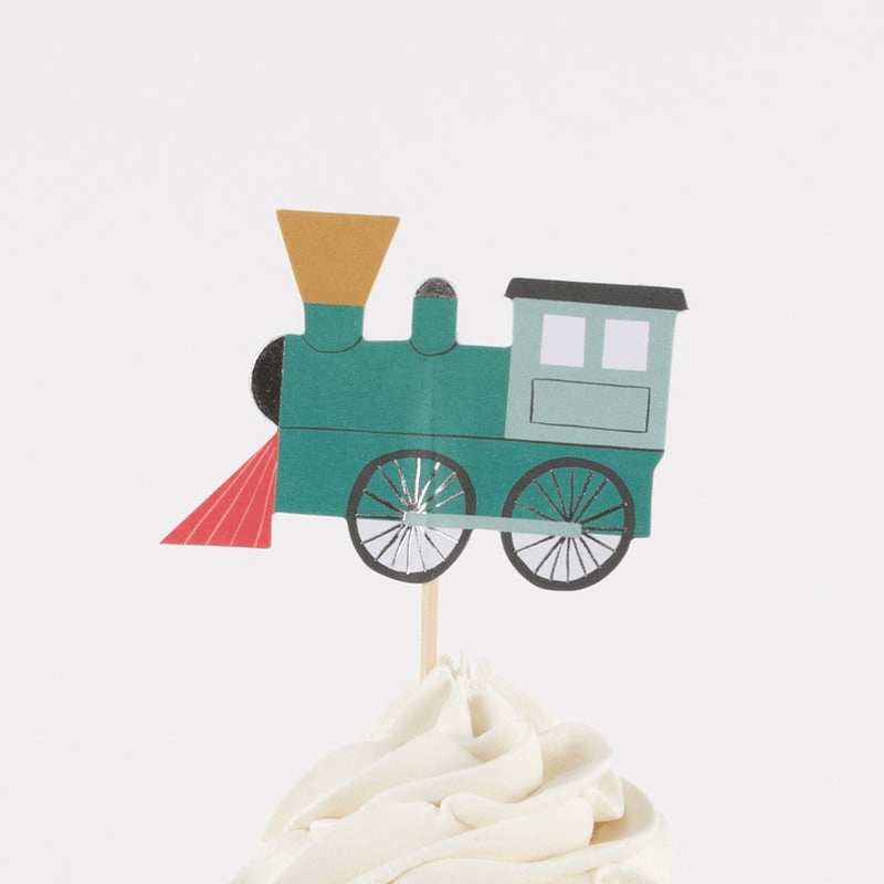 Green train cupcake topper with red and gold accents for birthday theme from Parte Haus party supply store in Bethesda MD