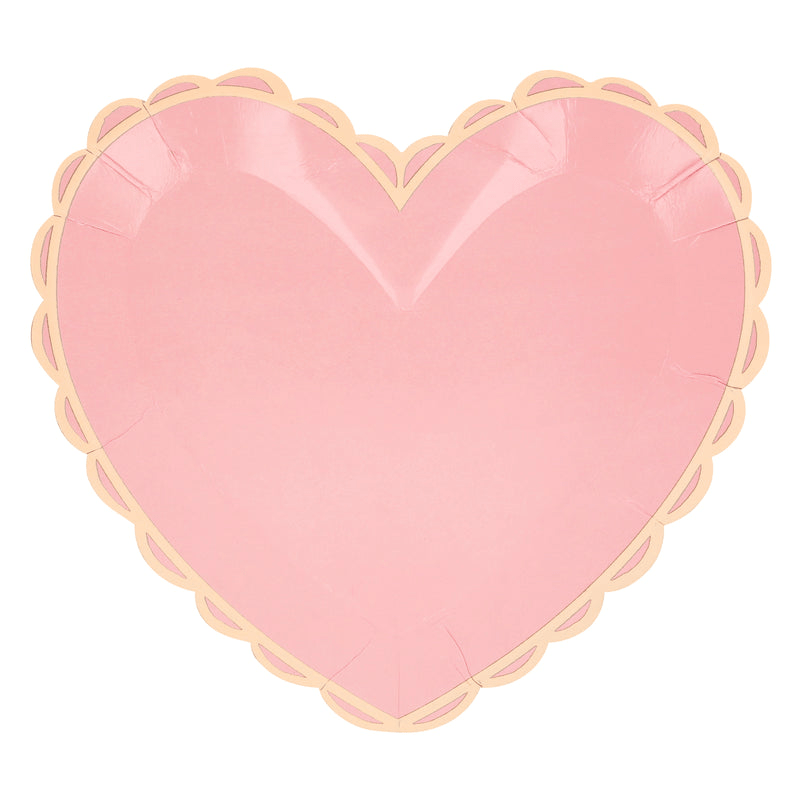 Pink heart-shaped plate with scalloped gold edge for romantic occasion from Parte Haus party supply store in Bethesda Maryland