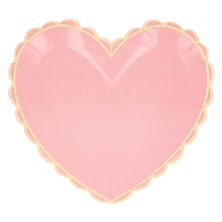 Pink heart-shaped plate with scalloped gold edge for romantic occasion from Parte Haus party supply store in Bethesda Maryland