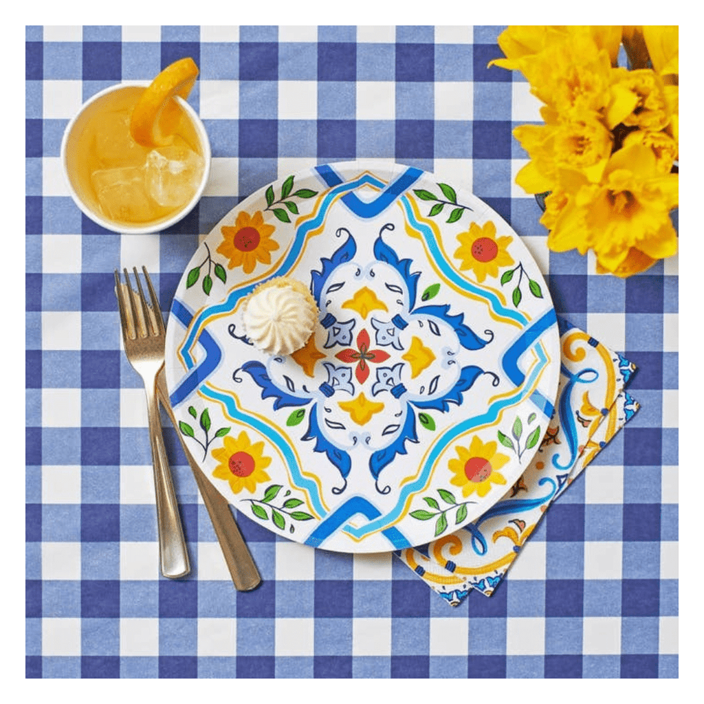 Blue yellow floral paper plate Mediterranean style spring decor from Parte Haus party supply store in Bethesda MD