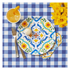 Blue yellow floral paper plate Mediterranean style spring decor from Parte Haus party supply store in Bethesda MD