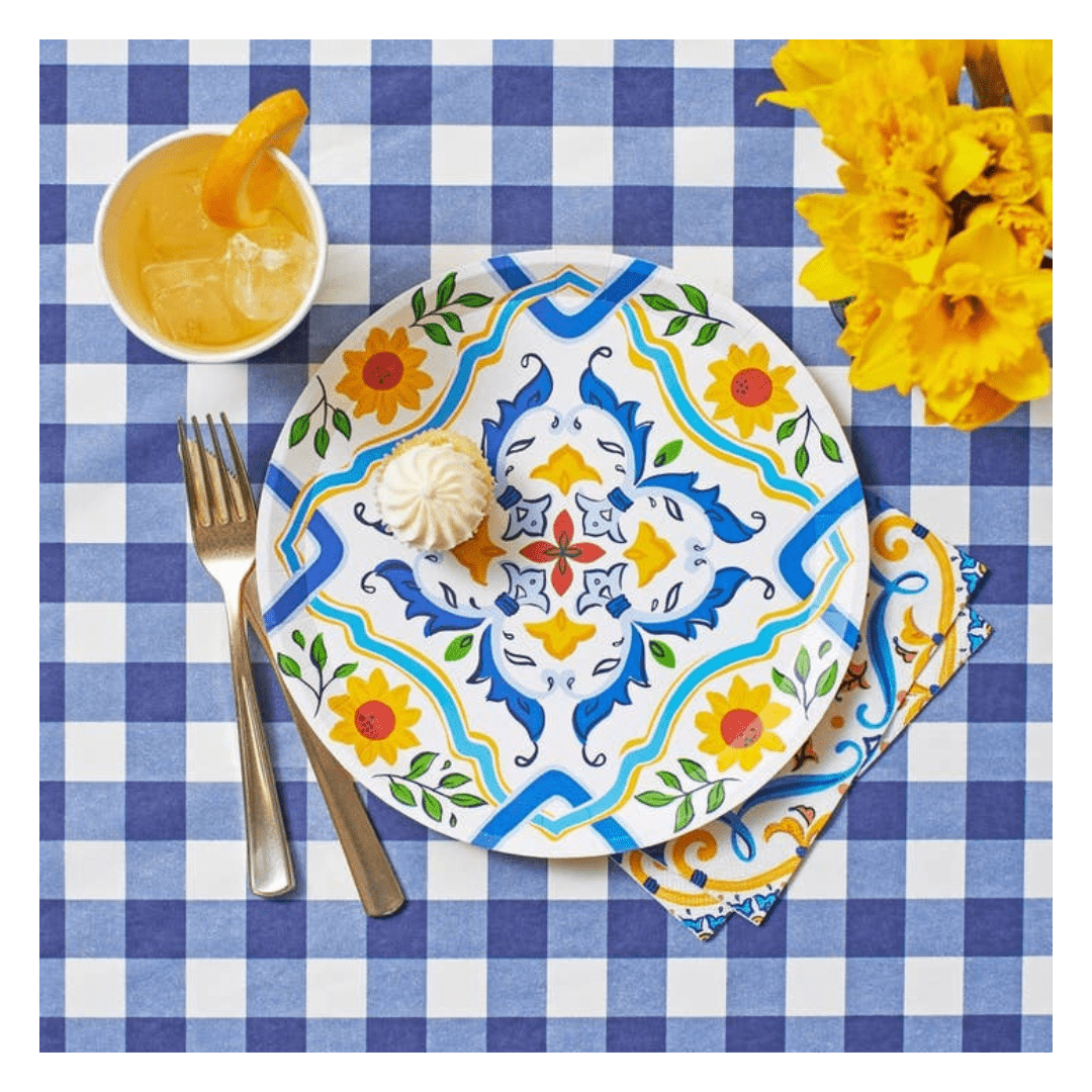 Blue yellow floral paper plate Mediterranean style spring decor from Parte Haus party supply store in Bethesda MD