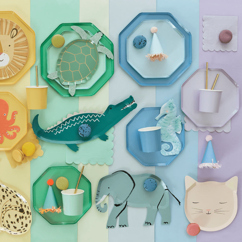 Colorful animal themed plates and cups birthday party decor kids theme from Parte Haus party supply store in Bethesda Maryland