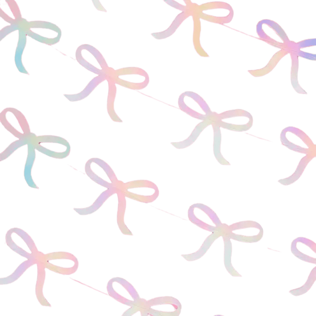 Iridescent bow garland string pastel ribbon banner for birthday from Parte Haus party supply store in Bethesda MD