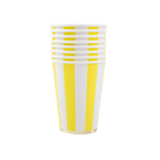 Yellow stripe paper cups stack for summer celebration from Parte Haus party supply store in Bethesda MD