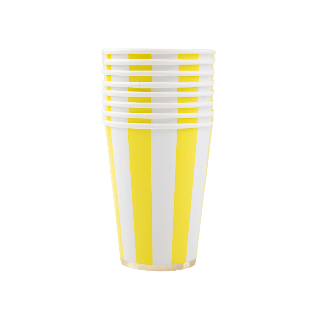 Yellow stripe paper cups stack for summer celebration from Parte Haus party supply store in Bethesda MD