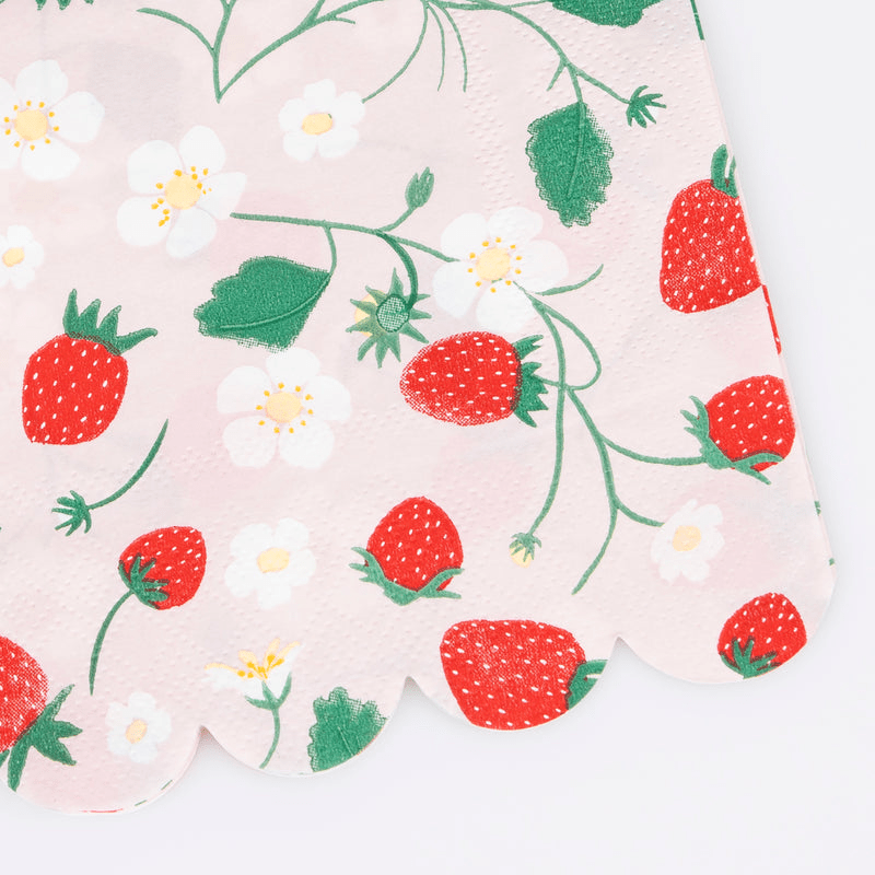 Pink strawberry napkin with floral and fruit print for summer garden party from Parte Haus party supply store in Bethesda MD