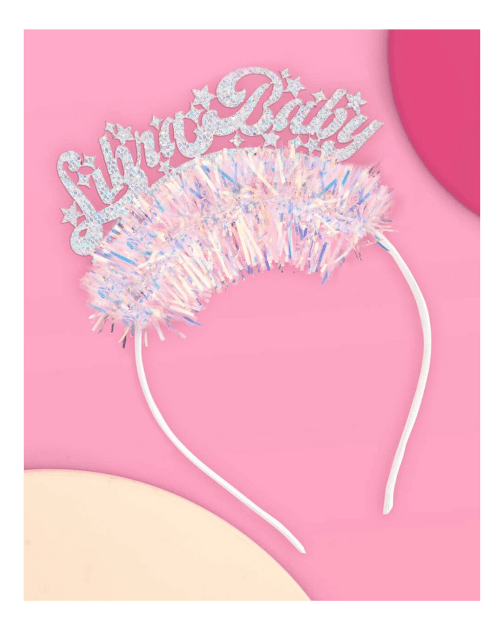 Silver birthday headband with glitter and pastel tinsel birthday theme from Parte Haus party supply store in Bethesda MD