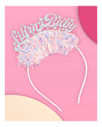Silver birthday headband with glitter and pastel tinsel birthday theme from Parte Haus party supply store in Bethesda MD