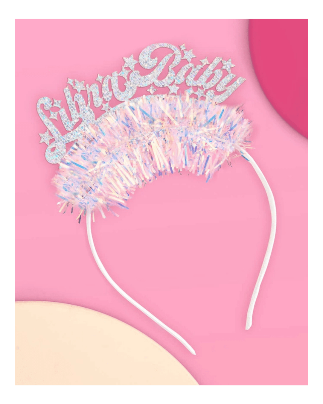 Silver birthday headband with glitter and pastel tinsel birthday theme from Parte Haus party supply store in Bethesda MD