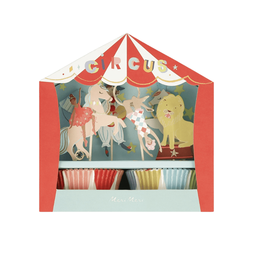 Red and white circus cupcake wrappers with animal illustrations for circus birthday theme from Parte Haus party supply store in Bethesda Maryland