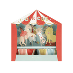 Red and white circus cupcake wrappers with animal illustrations for circus birthday theme from Parte Haus party supply store in Bethesda Maryland