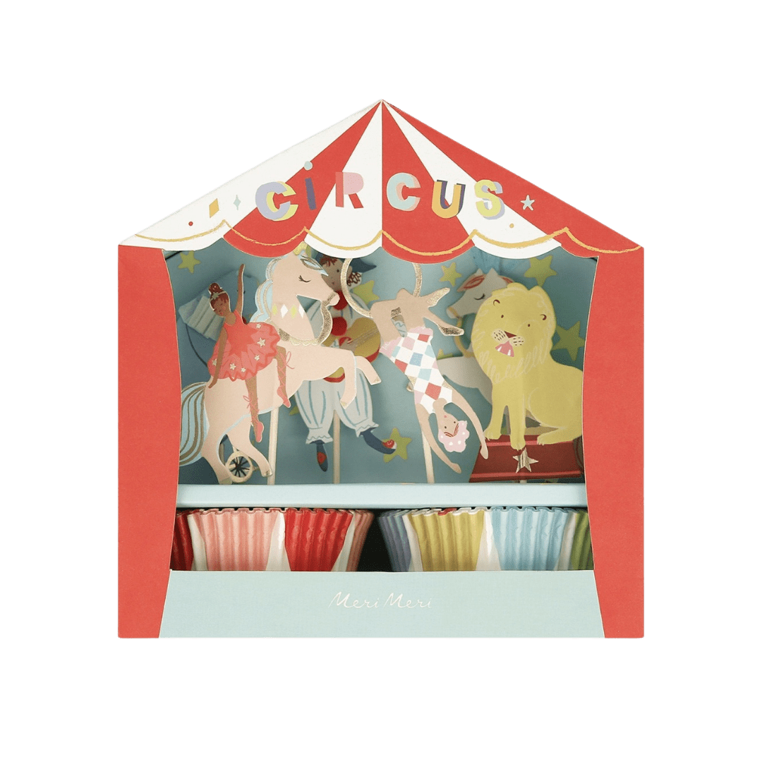 Red and white circus cupcake wrappers with animal illustrations for circus birthday theme from Parte Haus party supply store in Bethesda Maryland
