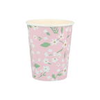 Pink floral paper cup with white flowers for spring theme from Parte Haus party supply store in Bethesda MD