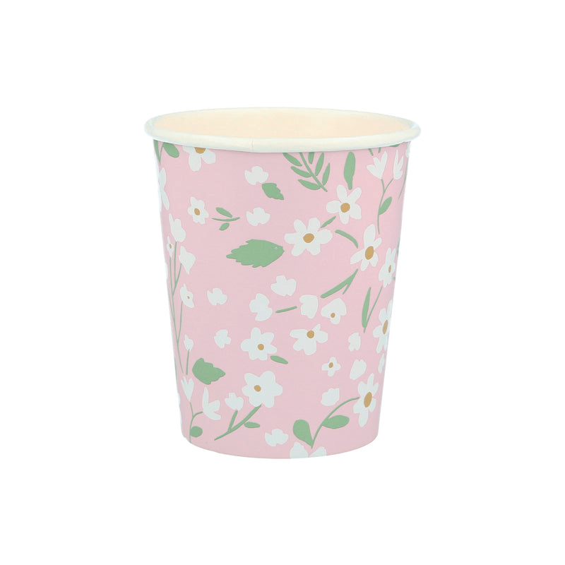 Pink floral paper cup with white flowers for spring theme from Parte Haus party supply store in Bethesda MD