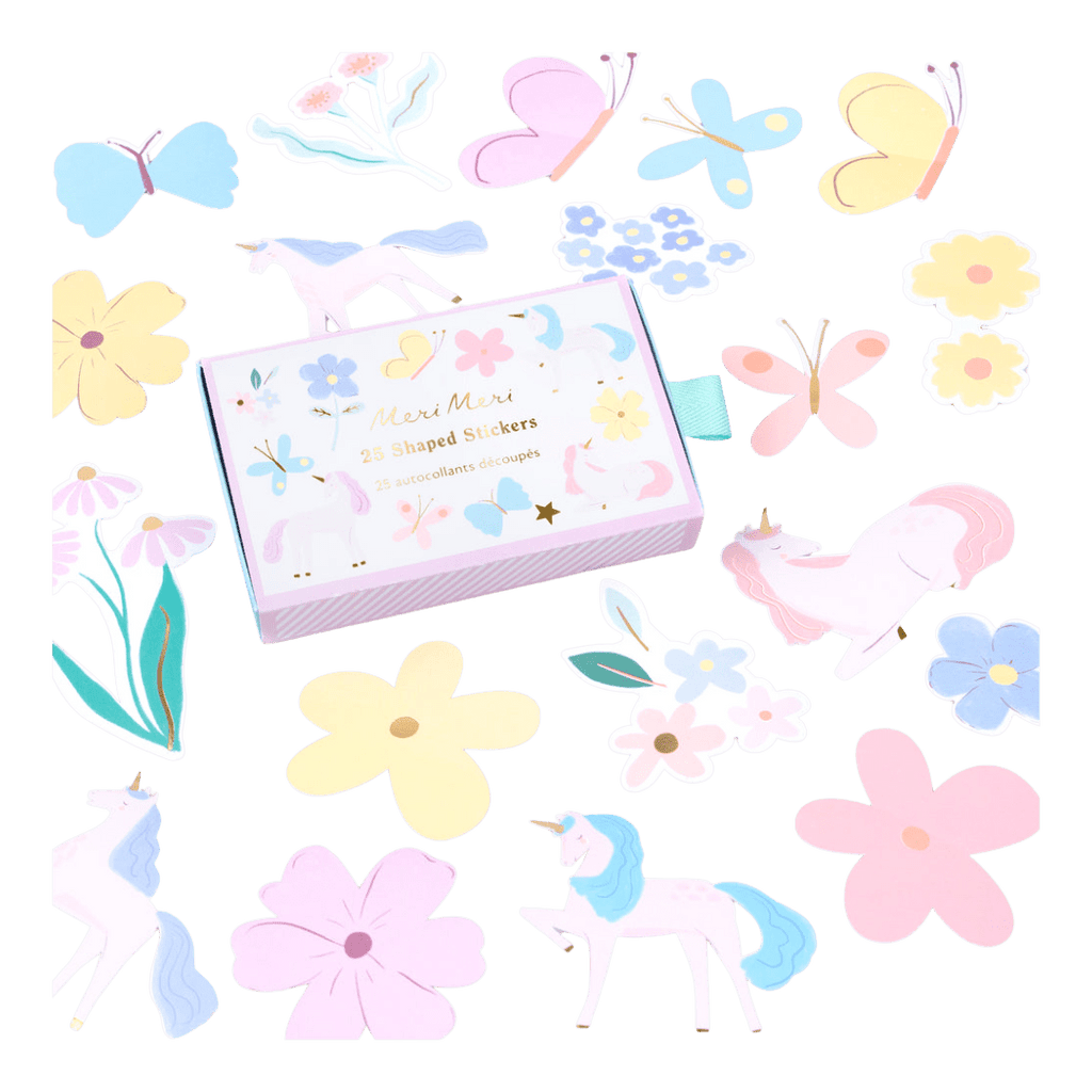 Pastel unicorn stickers floral and butterfly theme for kids from Parte Haus party supply store in Bethesda MD