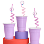 purple plastic cups with pink spiral straws on colorful stands from Parte Haus party supply store in Bethesda MD