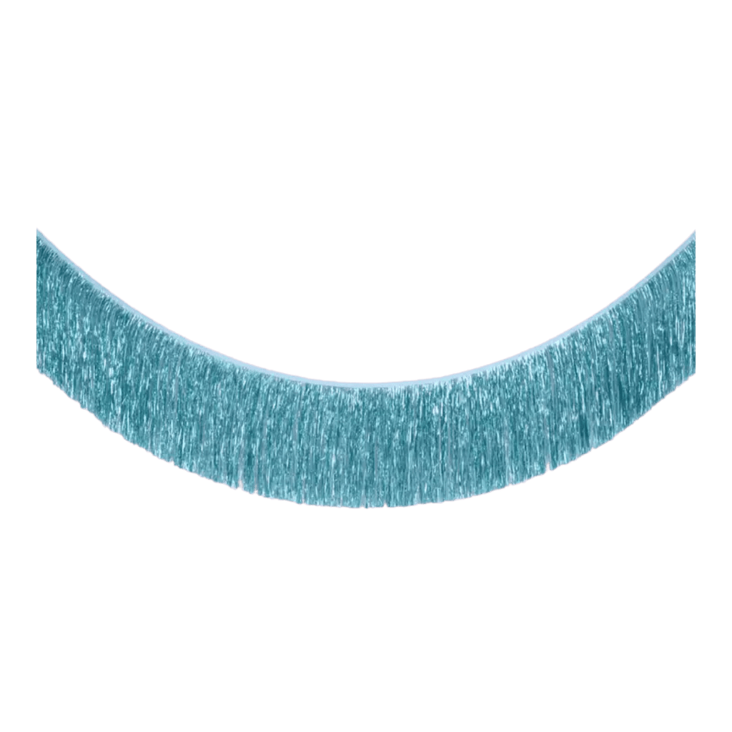 Blue fringe garland metallic streamer decoration for birthday from Parte Haus party supply store in Bethesda MD.