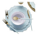 Pastel blue and gold dinnerware set with elegant cutlery birthday theme from Parte Haus party supply store in Bethesda MD