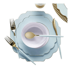 Pastel blue and gold dinnerware set with elegant cutlery birthday theme from Parte Haus party supply store in Bethesda MD