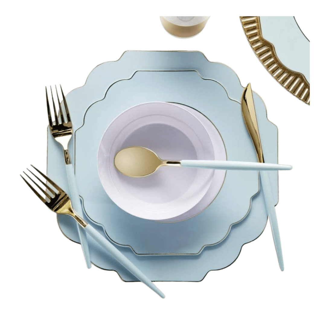 Pastel blue and gold dinnerware set with elegant cutlery birthday theme from Parte Haus party supply store in Bethesda MD