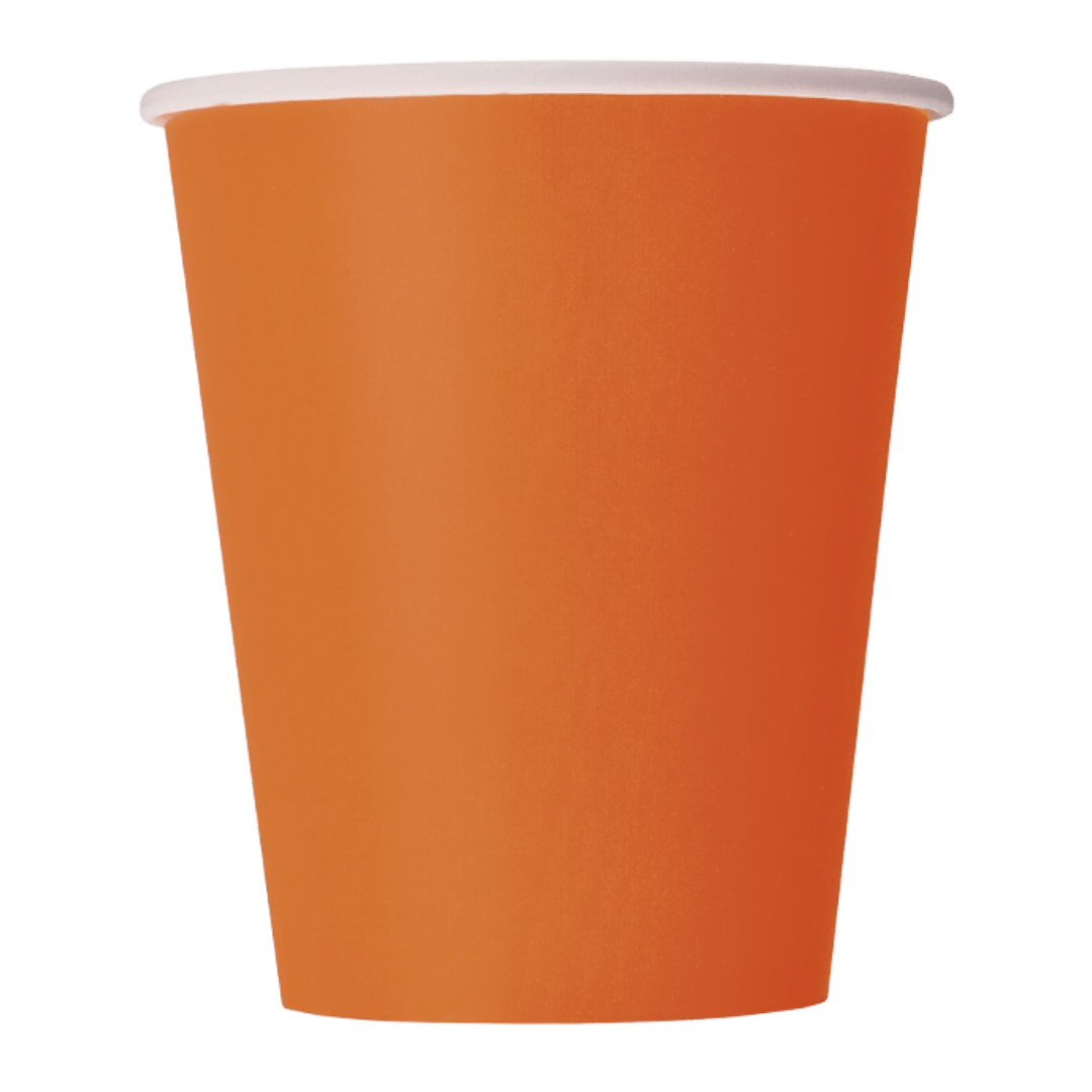 Orange paper cup with white rim for birthday from Parte Haus party supply store in Bethesda Maryland