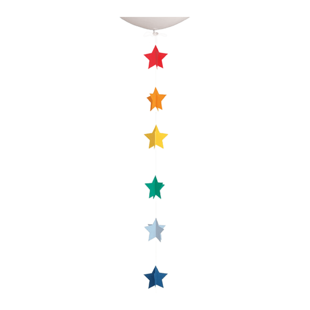 Rainbow hanging star garland colorful vertical decor for birthday or kids theme from Parte Haus party supply store in Bethesda MD