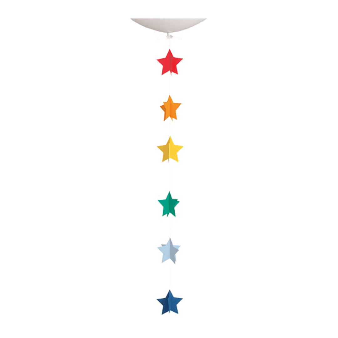 Rainbow hanging star garland colorful vertical decor for birthday or kids theme from Parte Haus party supply store in Bethesda MD