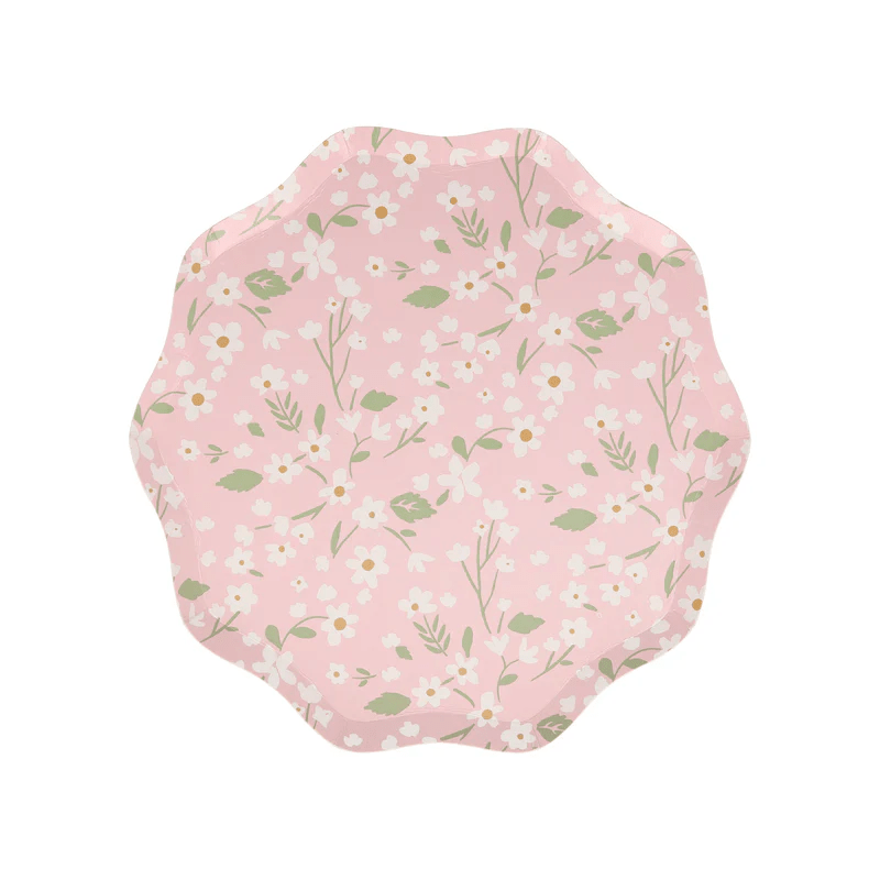 Pink floral decorative plate with scalloped edges spring theme from Parte Haus party supply store in Bethesda MD