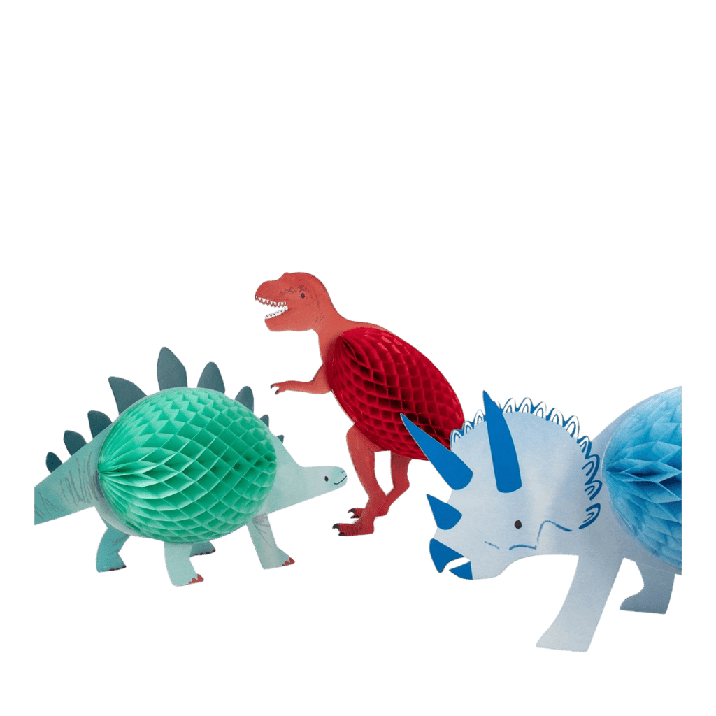Green red and blue dinosaur honeycomb decoration for kids dinosaur birthday from Parte Haus party supply store in Bethesda Maryland