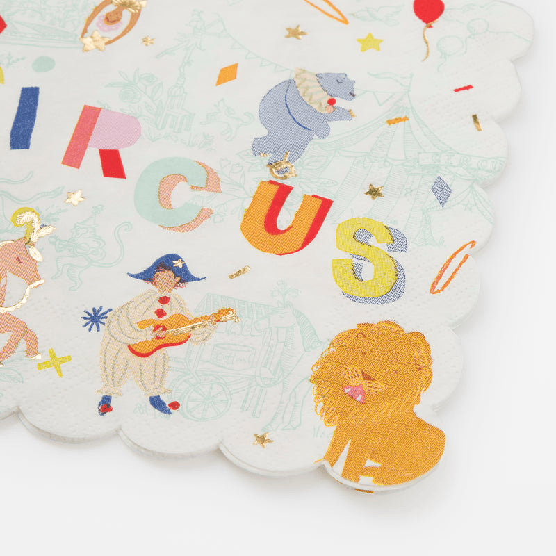 Multicolor circus napkin with clown bear lion and gold accents circus theme from Parte Haus party supply store in Bethesda MD