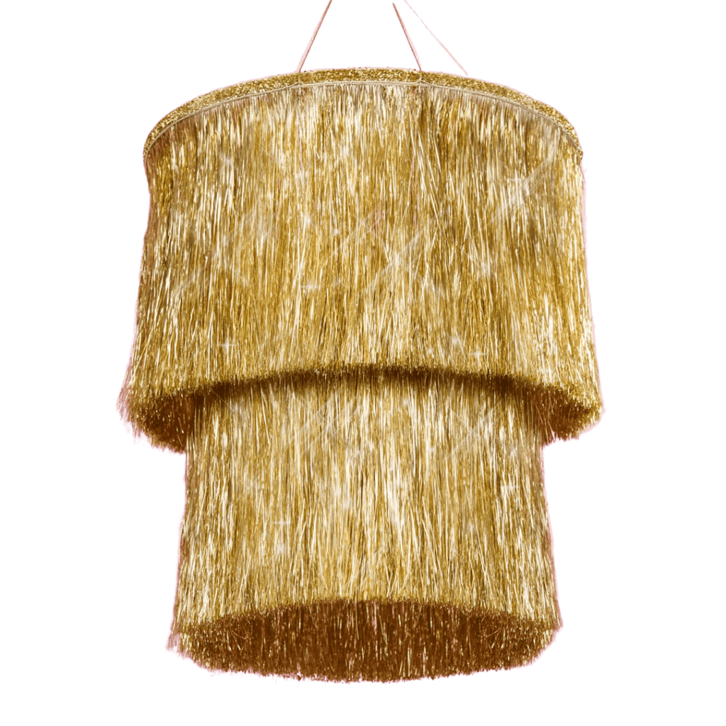 Gold fringe chandelier piñata hanging decor birthday from Parte Haus party supply store in Bethesda Maryland