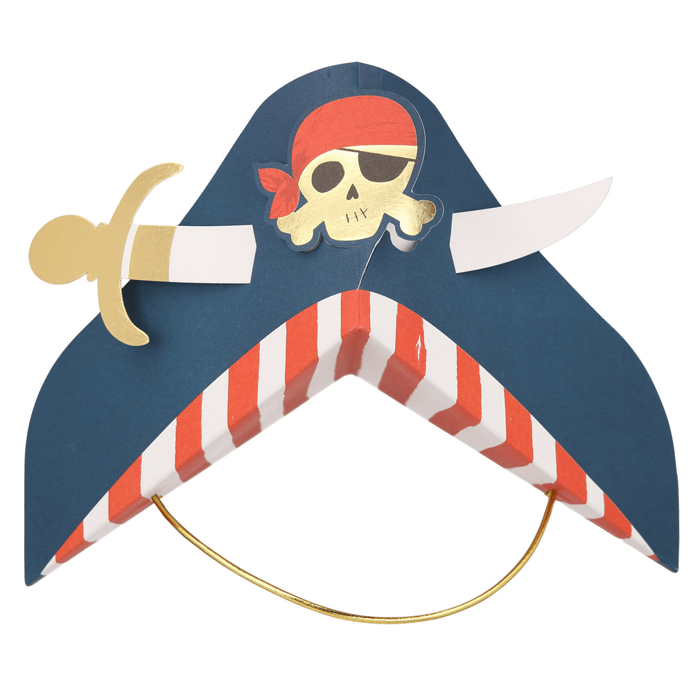 Blue and red pirate hat with skull and sword for pirate theme from Parte Haus party supply store in Bethesda MD