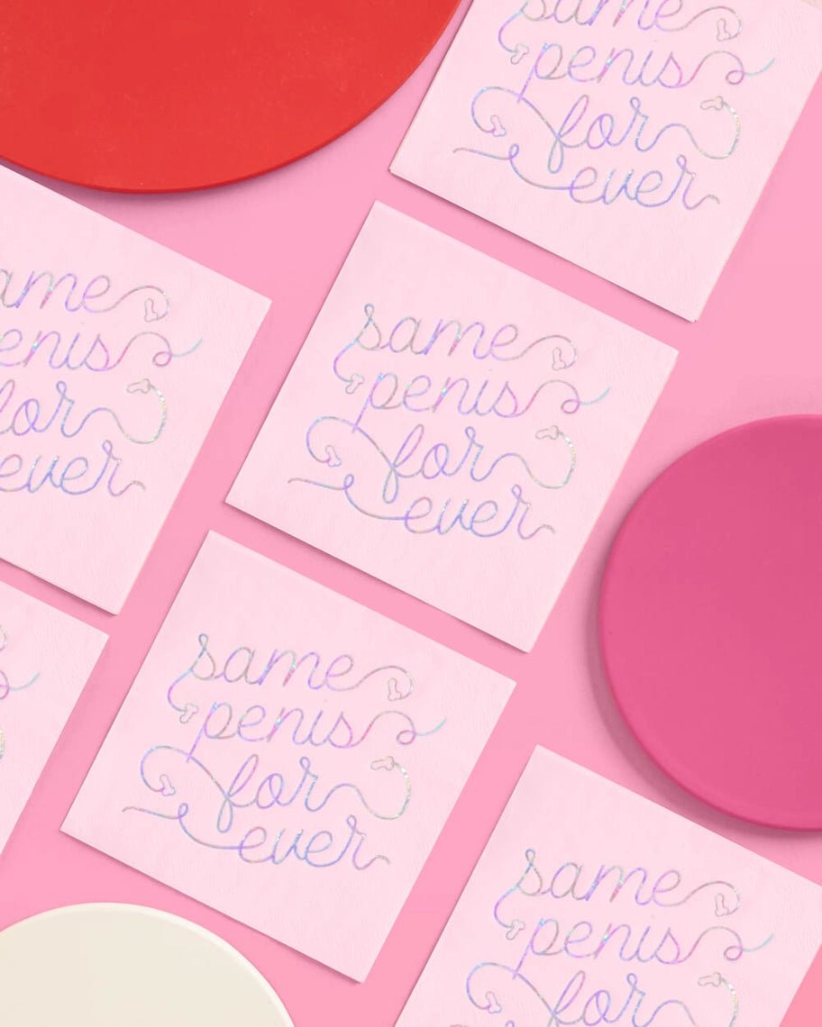 Pink napkins with glitter script text for bachelorette theme from Parte Haus party supply store in Bethesda MD.